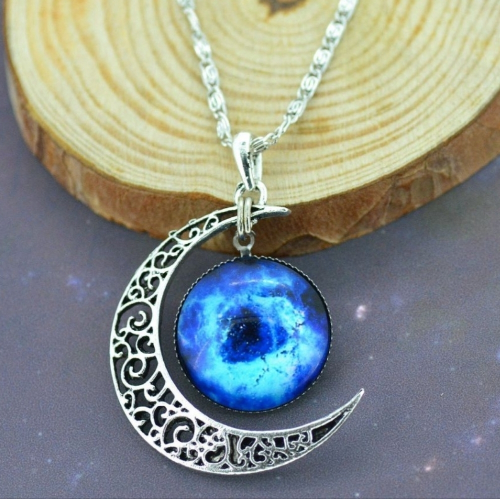 New Womens or Mens necklace, moon, galaxy nebula pendant 18" silver plated
